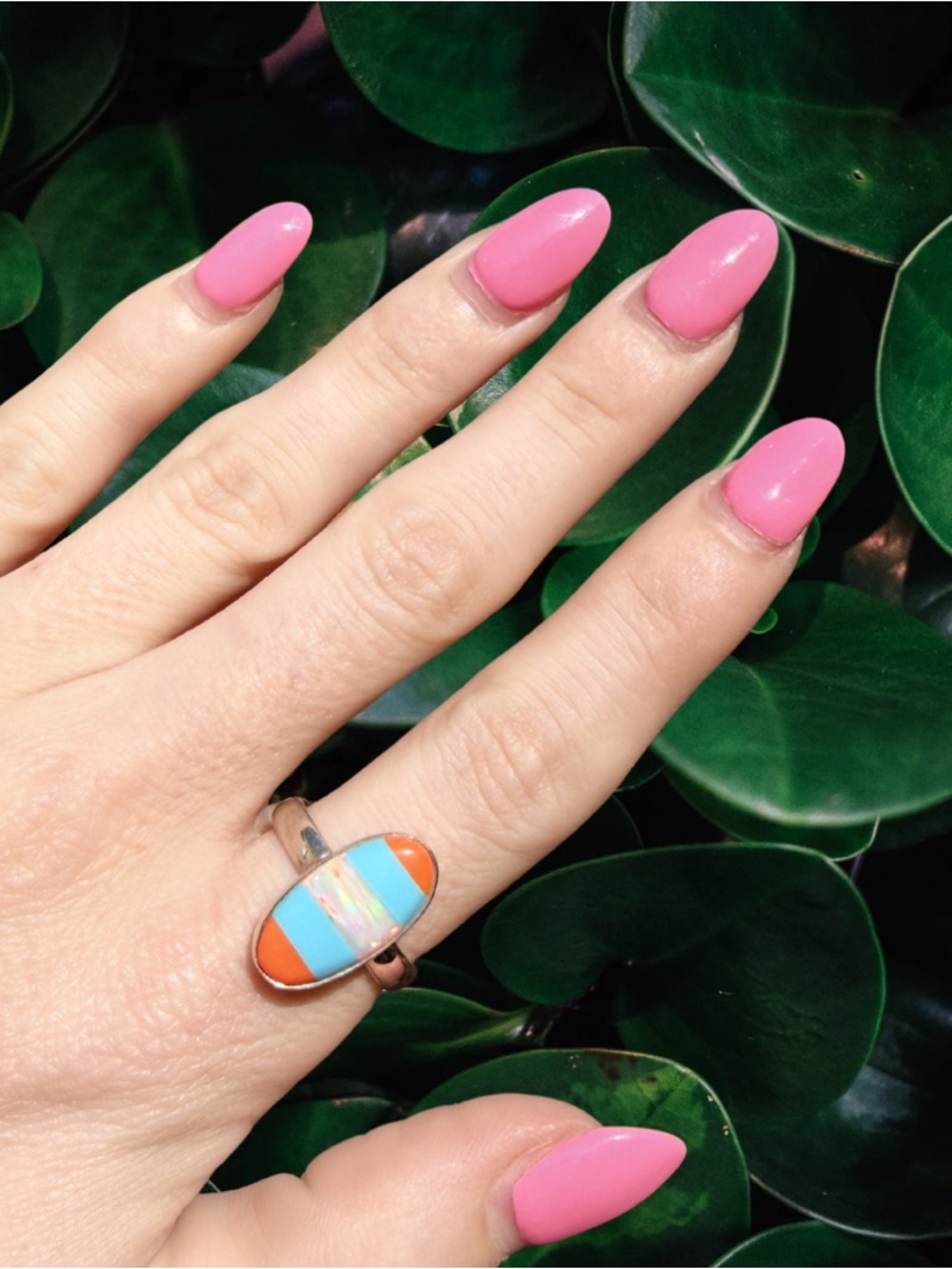 Orange Blue Opal Inlay Ring | Summer Festival | 925 Sterling Silver | Size 8.25